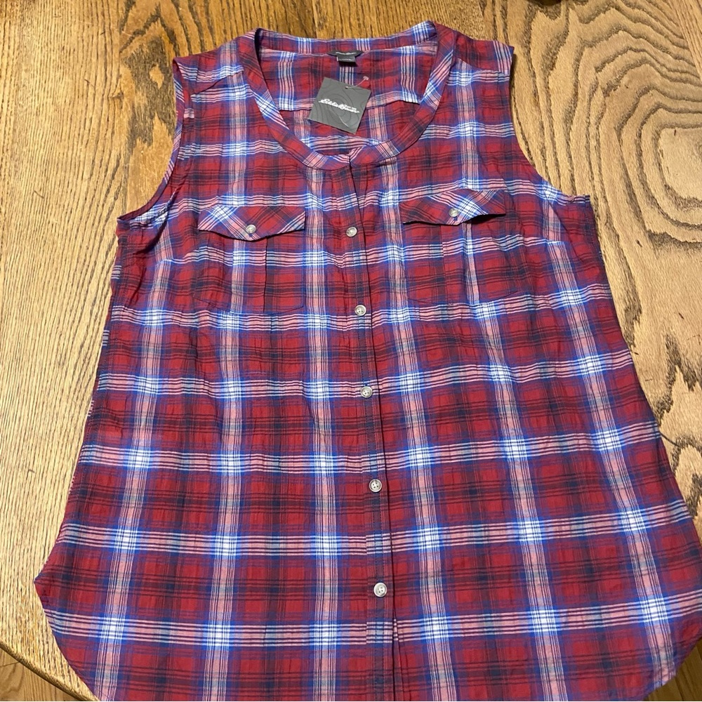 BNWT Eddie Bauer Red and Blue Plaid Button Down Tank Top